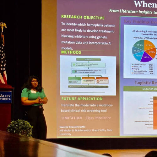 Student presenting research at the American Medical Informatics Association (AMIA) 2026 Amplify Informatics Conference